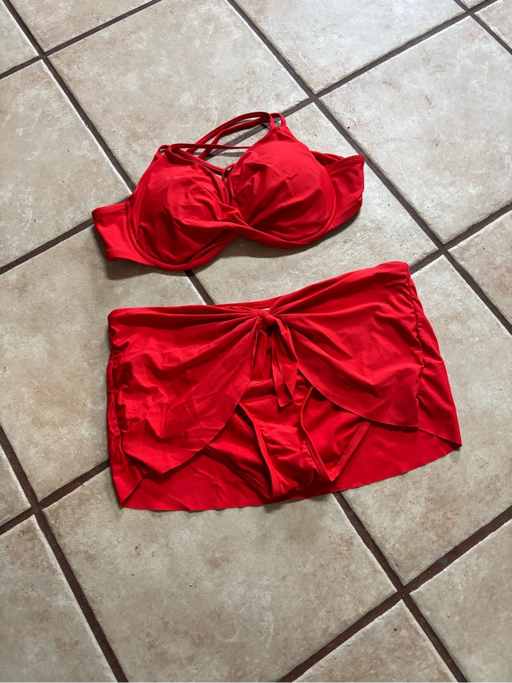 (A323)Time and Tru Red Two-Piece Bikini with Skirted Bottom